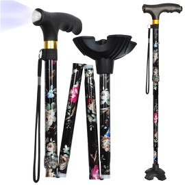 Hedkin Walking Cane with LED Light, Foldable,Adjustable, Self Standing Walking Canes for Men & Women,Walking Sticks with Quad Base for Seniors & Adults