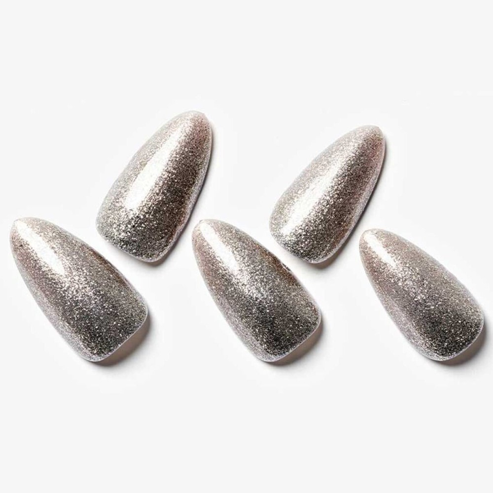 GLAMERMAID Matel Sliver Press on Nails Medium Almond, Handmade Metal Chrome Fake Nails Stiletto, Gloss Gel Glue on Nail Short Oval Kit for Women, Reusable Luxe Glitter Gold Stiletto False Nail Tip