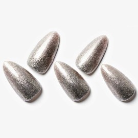 GLAMERMAID Matel Sliver Press on Nails Medium Almond, Handmade Metal Chrome Fake Nails Stiletto, Gloss Gel Glue on Nail Short Oval Kit for Women, Reusable Luxe Glitter Gold Stiletto False Nail Tip