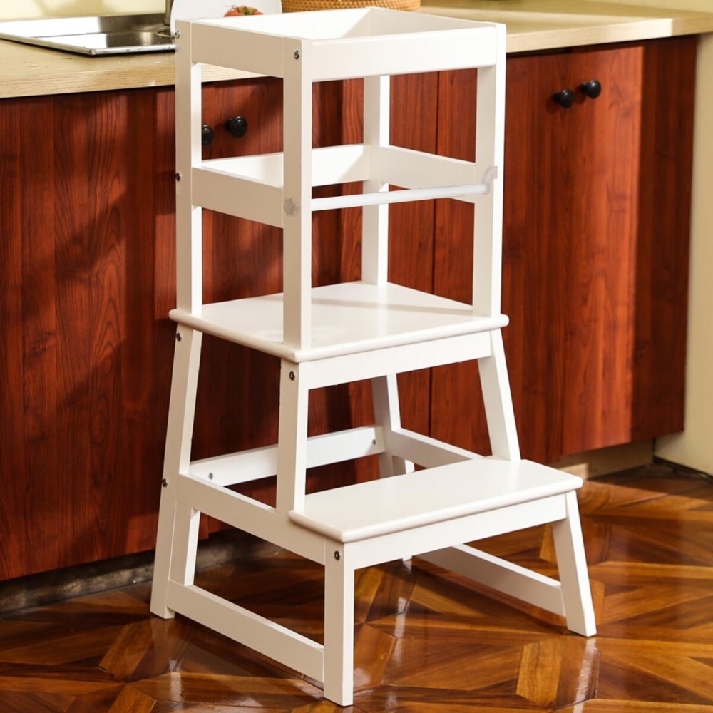 Kids Kitchen Step Stool with Safety Rail,Wooden Toddler Standing Tower for Kitchen Counter, Kids Montessori Stool, Solid Wood Construction,White