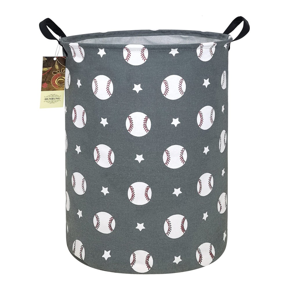 HUNRUNG Laundry Hamper,Large Canvas Fabric Lightweight Storage Basket Toy Organizer Dirty Clothes Collapsible Waterproof for College Dorms, Children Bedroom,BathroomRound-Grey Baseball