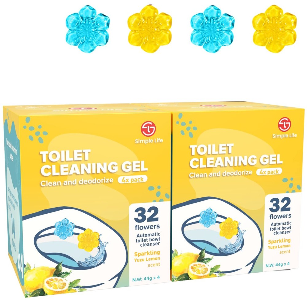 Simple Life Toilet Gel Stamp - Fresh Flower Scent, Anti-Limescale Toilet Cleaner Gel, Deodorizing & Long-Lasting Freshness, 64 Stamps, Blue & Yellow
