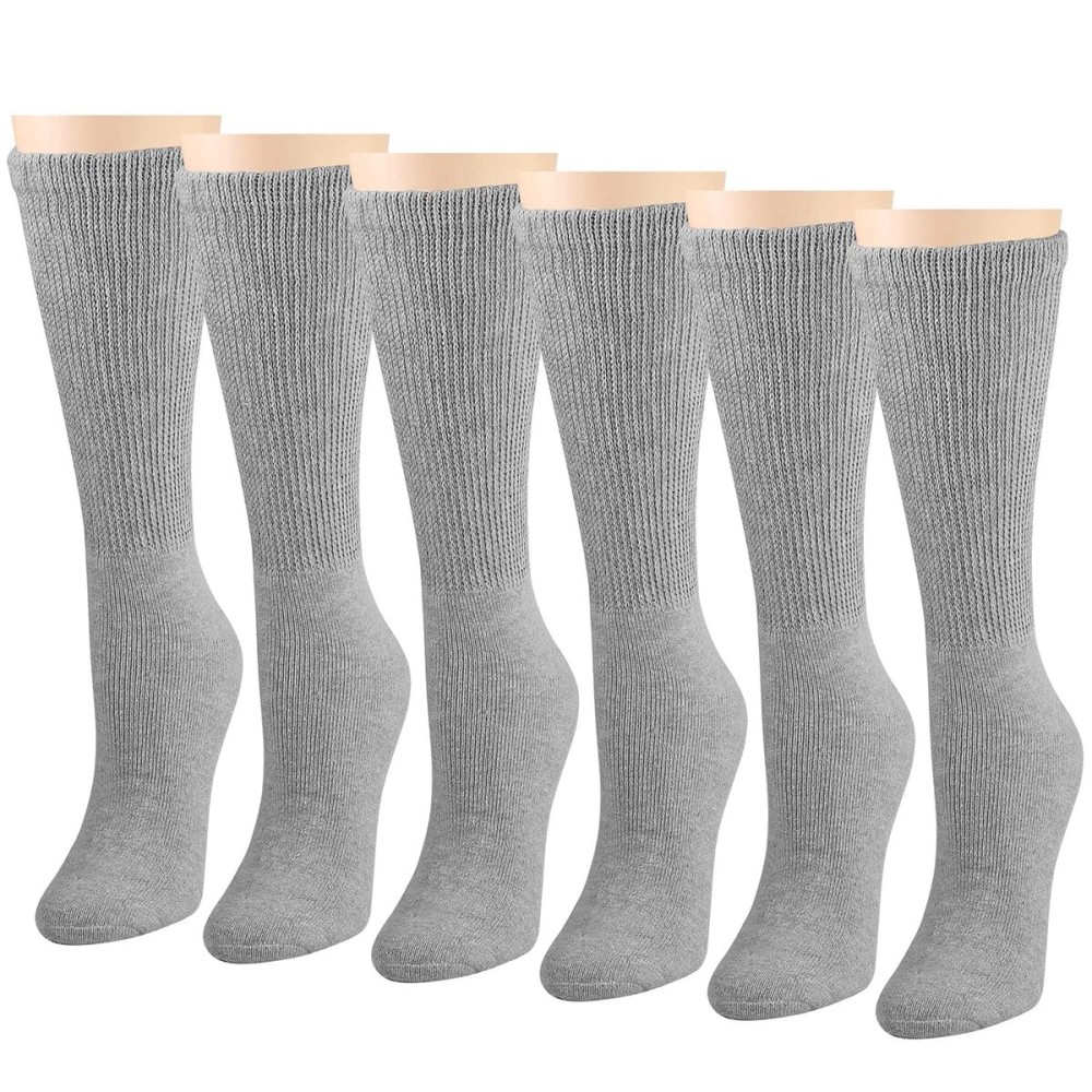Falari Women Diabetic Socks Diabetes Edema and Circulatory Loose Fitting Cotton Crew Socks - 6 Pairs (Crew Height - Grey, 9-11)
