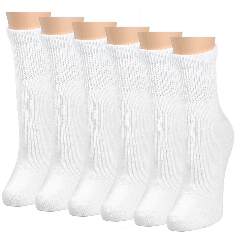 Falari Women Diabetic Socks Diabetes Edema and Circulatory Loose Fitting Cotton Crew Socks - 6 Pairs (Quarter Height - White, 9-11)