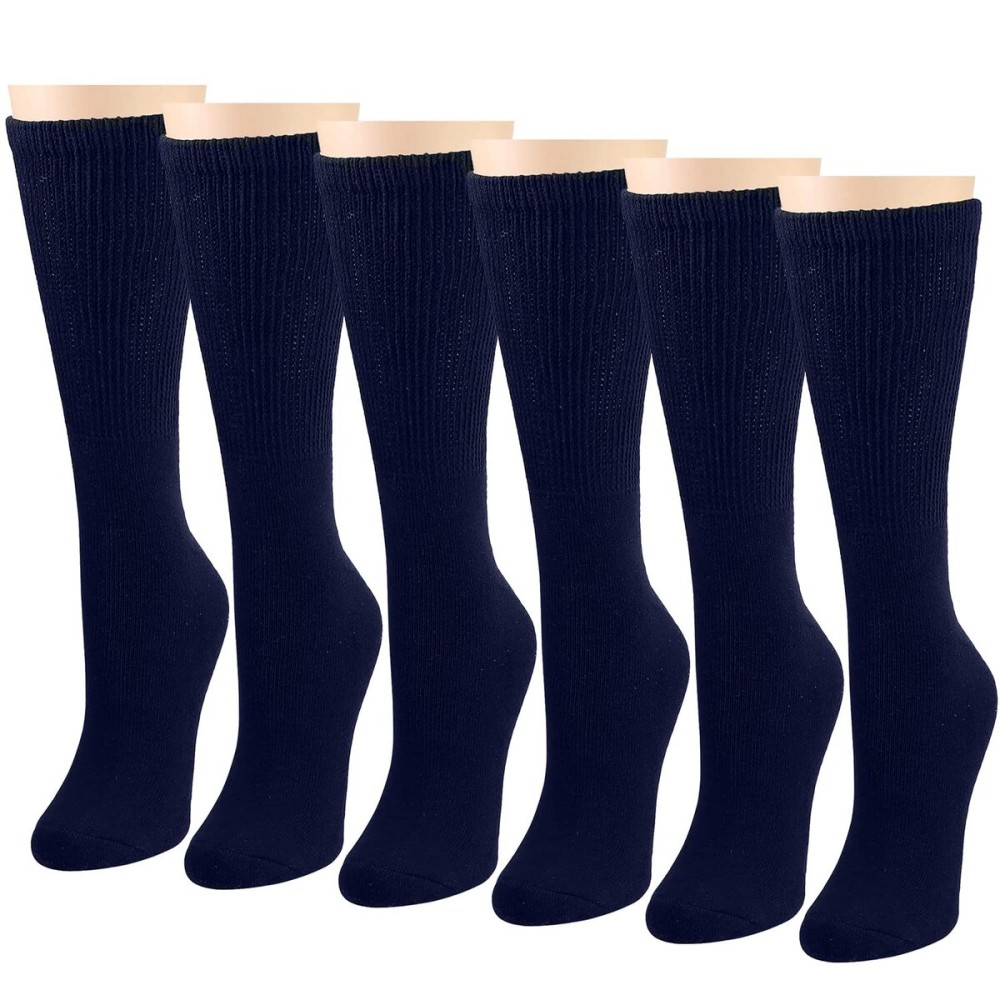 Falari Women Diabetic Socks Diabetes Edema and Circulatory Loose Fitting Cotton Crew Socks - 6 Pairs (Crew Height - Navy, 9-11)