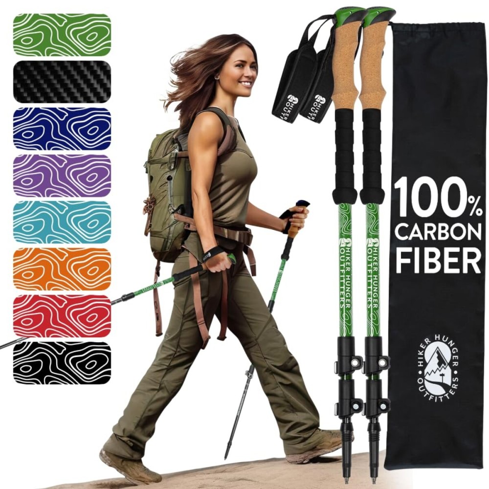 Hiker Hunger Carbon Fiber Trekking Pole, Hiking Sticks for Women, Collapsible Hiking Poles for Men, Walking Poles for Seniors, Kids Hiking Poles, Nordic Walking Poles for Women - Green Cork