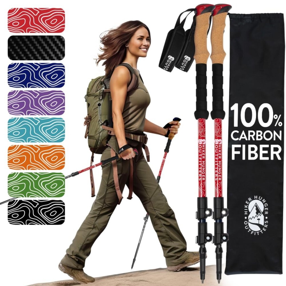 100% Carbon Fiber Trekking Poles by USA Brand - Ultra Strong Lightweight Collapsible Hiking Poles with Cork and EVA Foam Grips & Quick Adjustable Flip Locks