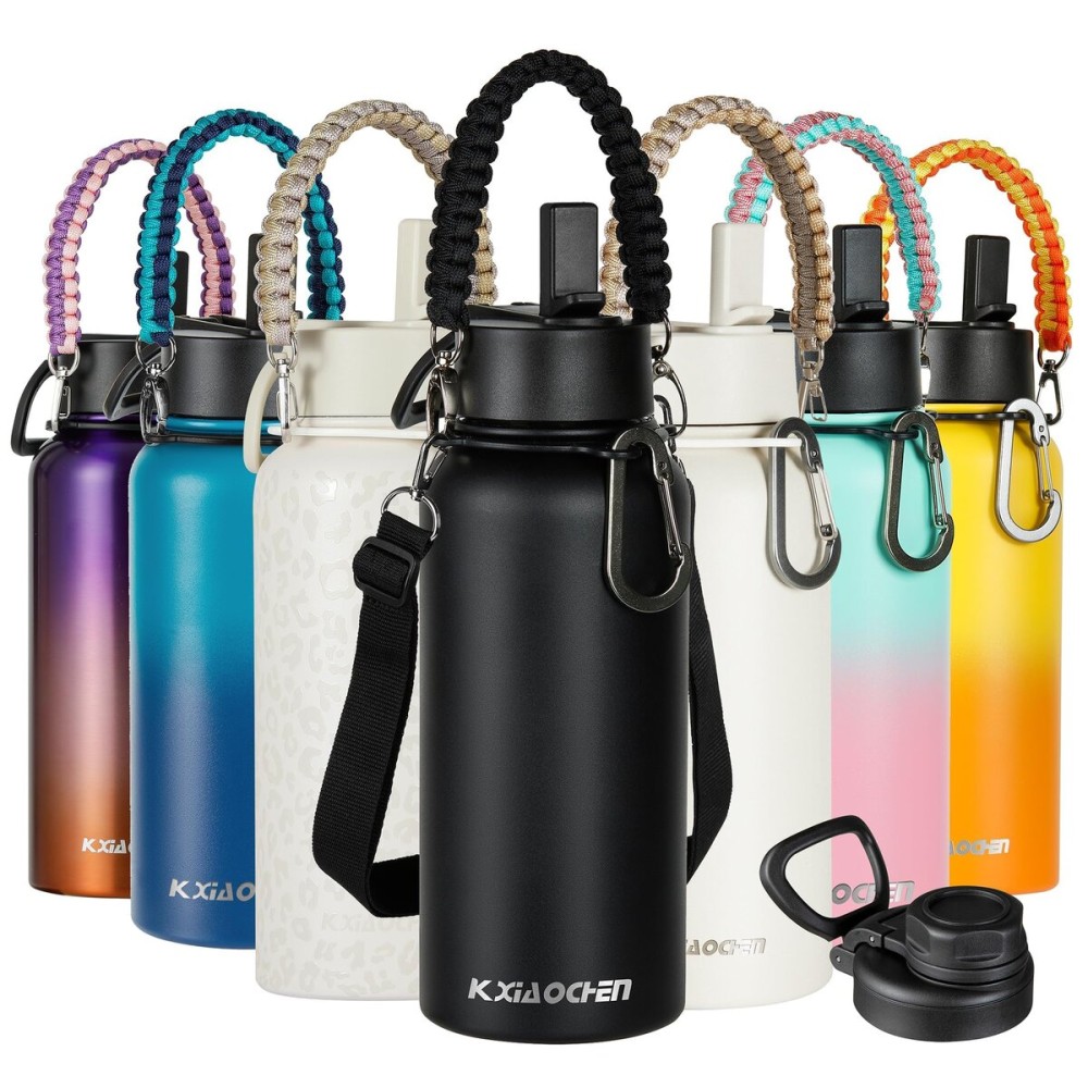 KXIAOCHEN Insulated Water Bottle, Stainless Steel Water Bottle, 2 Lids (Straw and Handle Lid),Wide Mouth Metal Water Bottles Keep Hot and Cold, Double Walled, Thermo Mug, Metal Canteen
