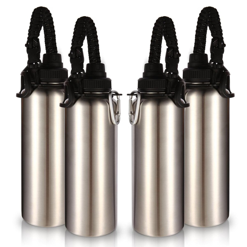 Volhoply Insulated Water Bottles Bulk 4 Pack, 40 oz Stainless Steel Sports Bottle with Paracord Handle & Spout Lid, Double Walled Vacuum Travel Water Cups with Wide for Adults Hiking(Silver,4 Set)