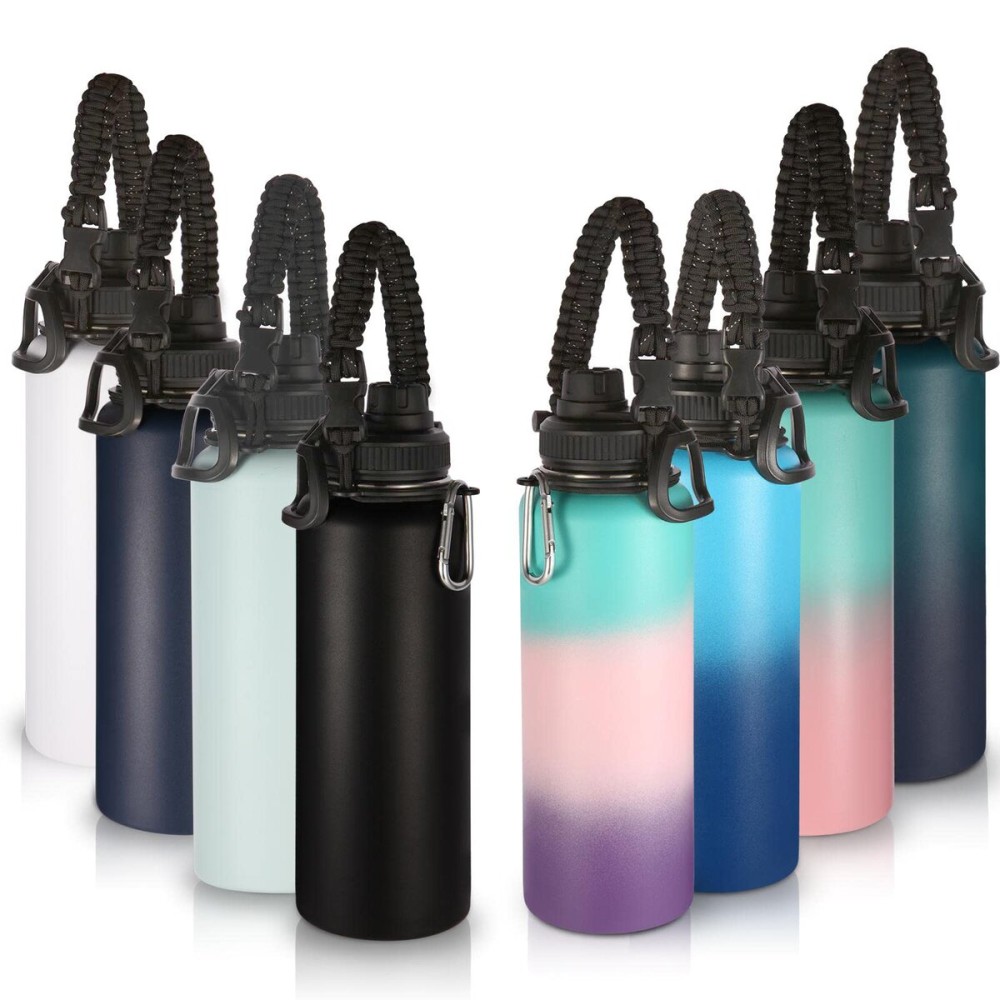 Volhoply Insulated Water Bottles Bulk 8 Pack, 40 oz Steel Sports Bottle with Paracord Handle & Spout Lid, Double Wall Vacuum Water Cups with Wide Mouth,Reusable Large Water jug(Eight Color,8 Set)