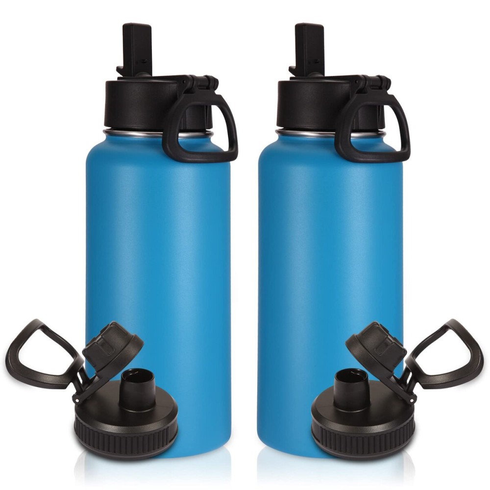 Volhoply 32 oz Insulated Water Bottles Bulk 2 Pack with Straw Lid & Spout Lid,Stainless Steel Sports Water Bottle,Double Wall Vacuum Cups,Leakproof Wide Mouth Metal Flask for Hiking,Camping(Blue,2)