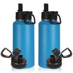Volhoply 32 oz Insulated Water Bottles Bulk 2 Pack with Straw Lid & Spout Lid,Stainless Steel Sports Water Bottle,Double Wall Vacuum Cups,Leakproof Wide Mouth Metal Flask for Hiking,Camping(Blue,2)