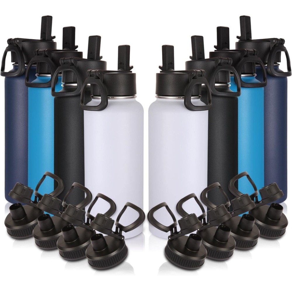 Volhoply 32 oz Insulated Water Bottles Bulk 8 Pack with Straw Lid & Spout Lid,Stainless Steel Sports Water Bottle,Double Wall Vacuum Cups,Leakproof Wide Mouth Metal Flask for Hiking,Camping(Mix,8)