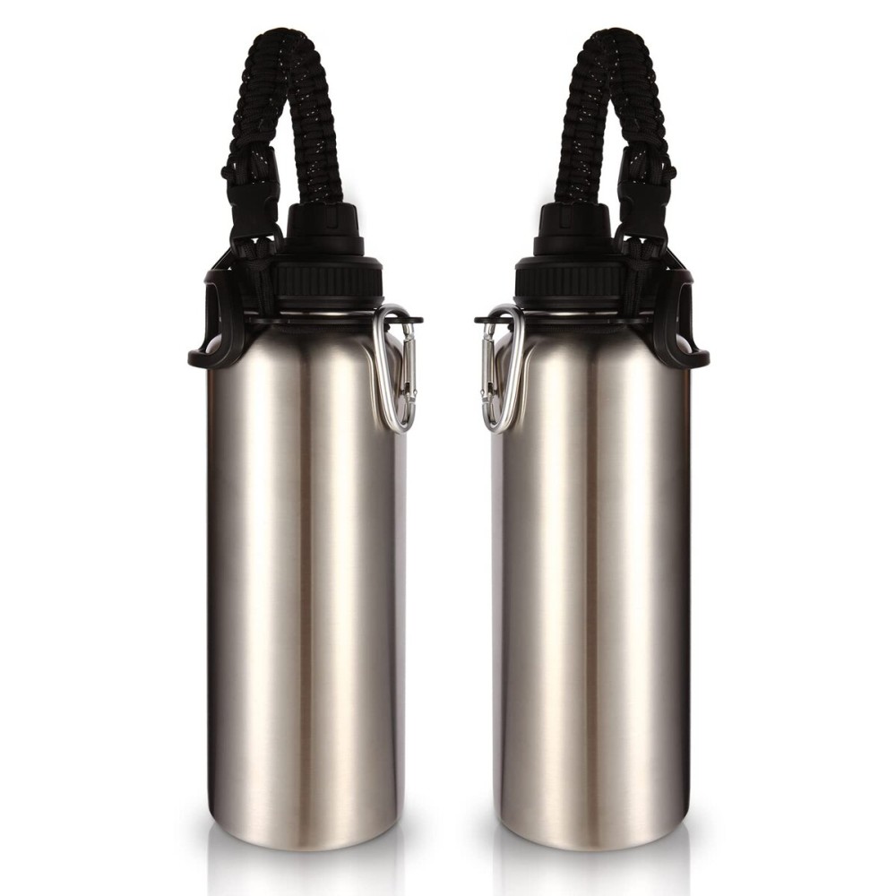 Volhoply Insulated Water Bottles Bulk 2 Pack, 40 oz Stainless Steel Sports Bottle with Paracord Handle & Spout Lid, Double Walled Vacuum Metal Cups,Reusable Big Water jug for Hiking(Silver,2 Set)