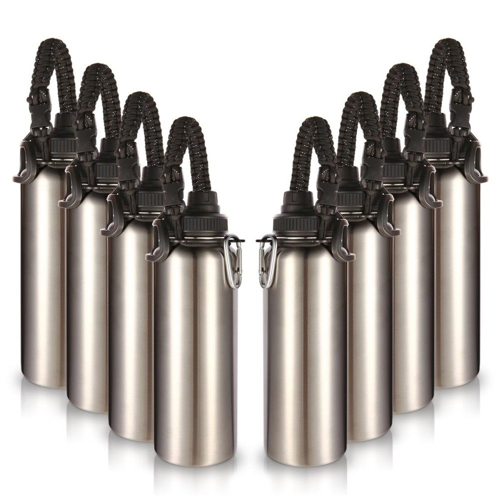 Volhoply Insulated Water Bottles Bulk 8 Pack, 40 oz Stainless Steel Sports Bottle with Paracord Handle & Spout Lid, Vacuum Metal Travel Water Cups with Wide Mouth,Reusable Large jug(Silver,8 Set)