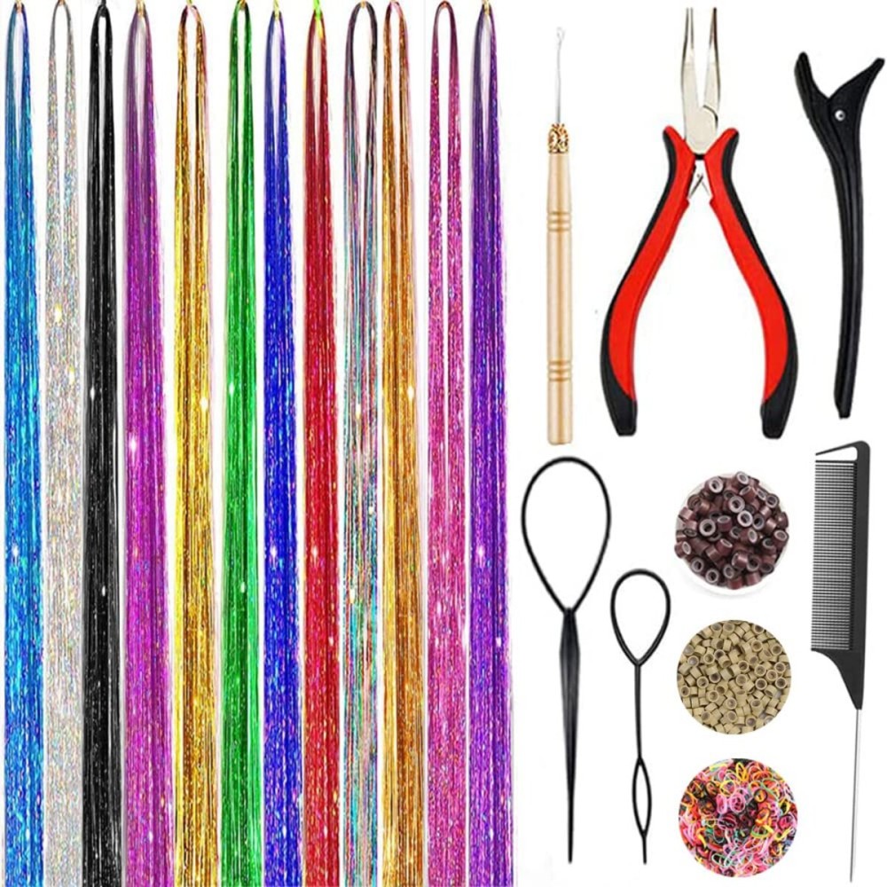 Hair Tinsel Kit Fairy Tinsel Hair Extensions With Tool 3200 Strands 12 Colors Holographic Heat Resistant Sparkling Hair Glitter for Christmas New Year Party