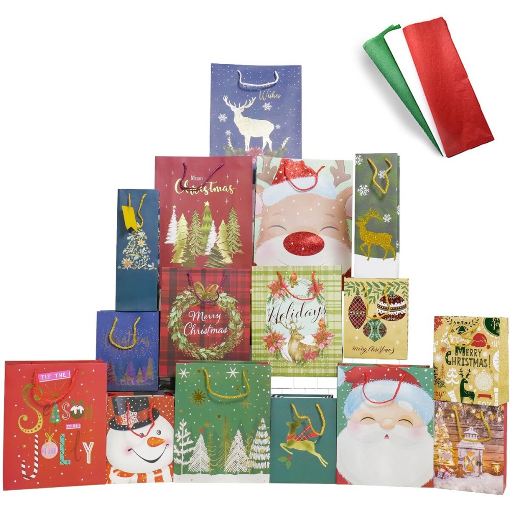 Smarimple Christmas Gift Bags 16 PCS Christmas Bags Bulk Assorted Sizes with Handles and 12 Sheet Tissue Papers 16 Holiday Designs 3 Jumbo 5 Large 6 Medium 2 Wine Bags for Xmas Holiday Present