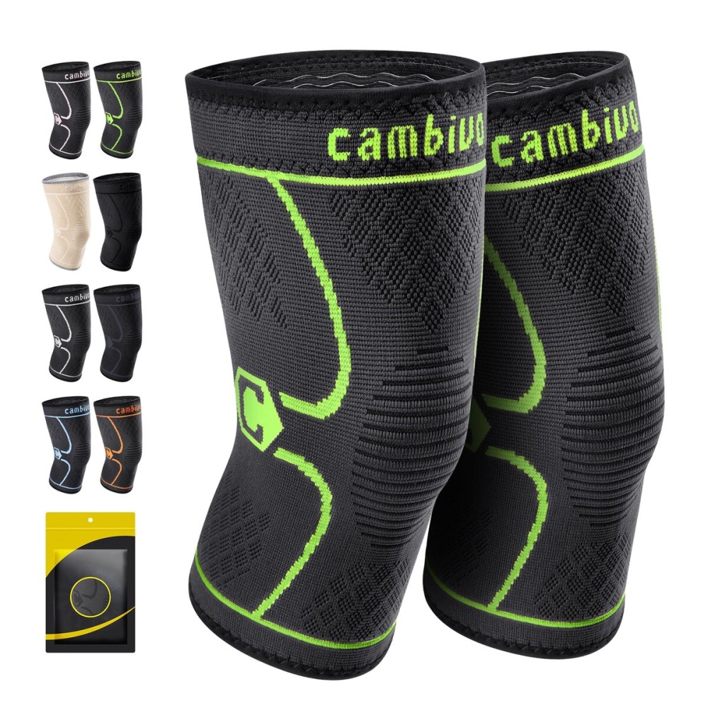 CAMBIVO 2 Pack Knee Brace, Knee Compression Sleeve for Men and Women, Knee Support for Running, Workout, Gym, Hiking, Sports (Green,Large)