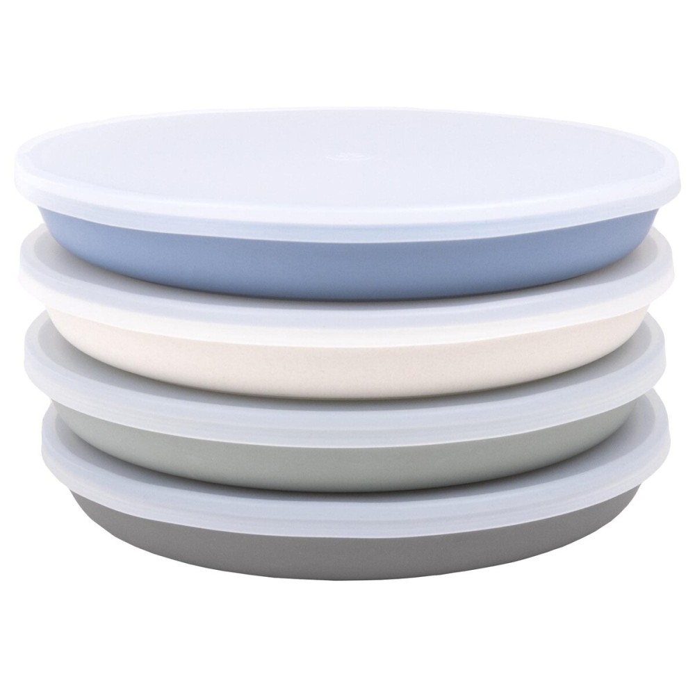WeeSprout Bamboo Plates with Silicone Lids, Set of 4, Kid-Sized Dinnerware, Cereal, Leftovers & Snacks, Dishwasher Safe Melamine Dishware (Blue, Green, Gray, & Beige)