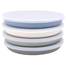 WeeSprout Bamboo Plates with Silicone Lids, Set of 4, Kid-Sized Dinnerware, Cereal, Leftovers & Snacks, Dishwasher Safe Melamine Dishware (Blue, Green, Gray, & Beige)
