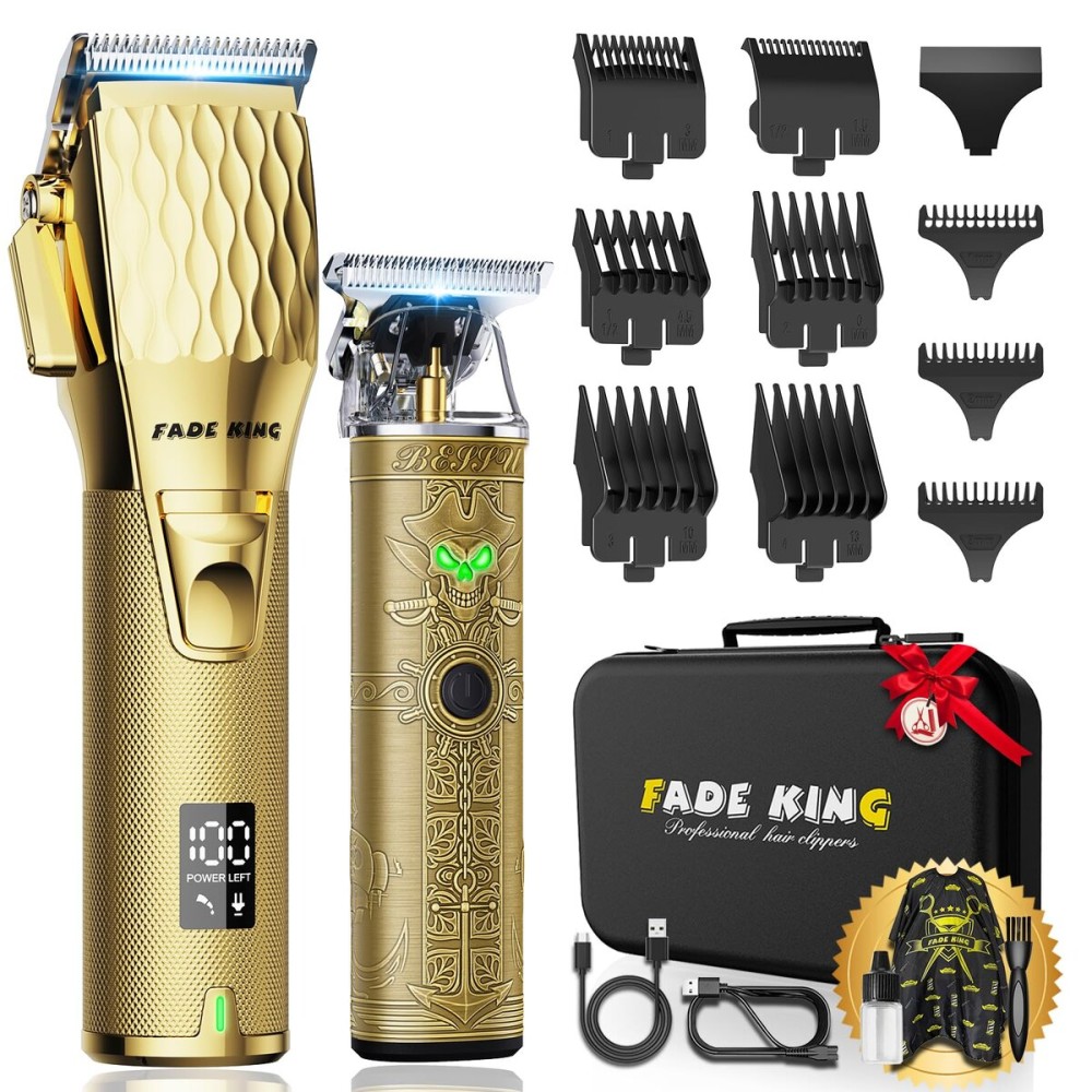 FADEKING Professional Hair Clippers & Beard Trimmer Set for Men - Cordless Barber Clippers with LCD Display, Precision Trimmer & Travel Case - Gifts for Men Husband Father (Gold + Bronze)