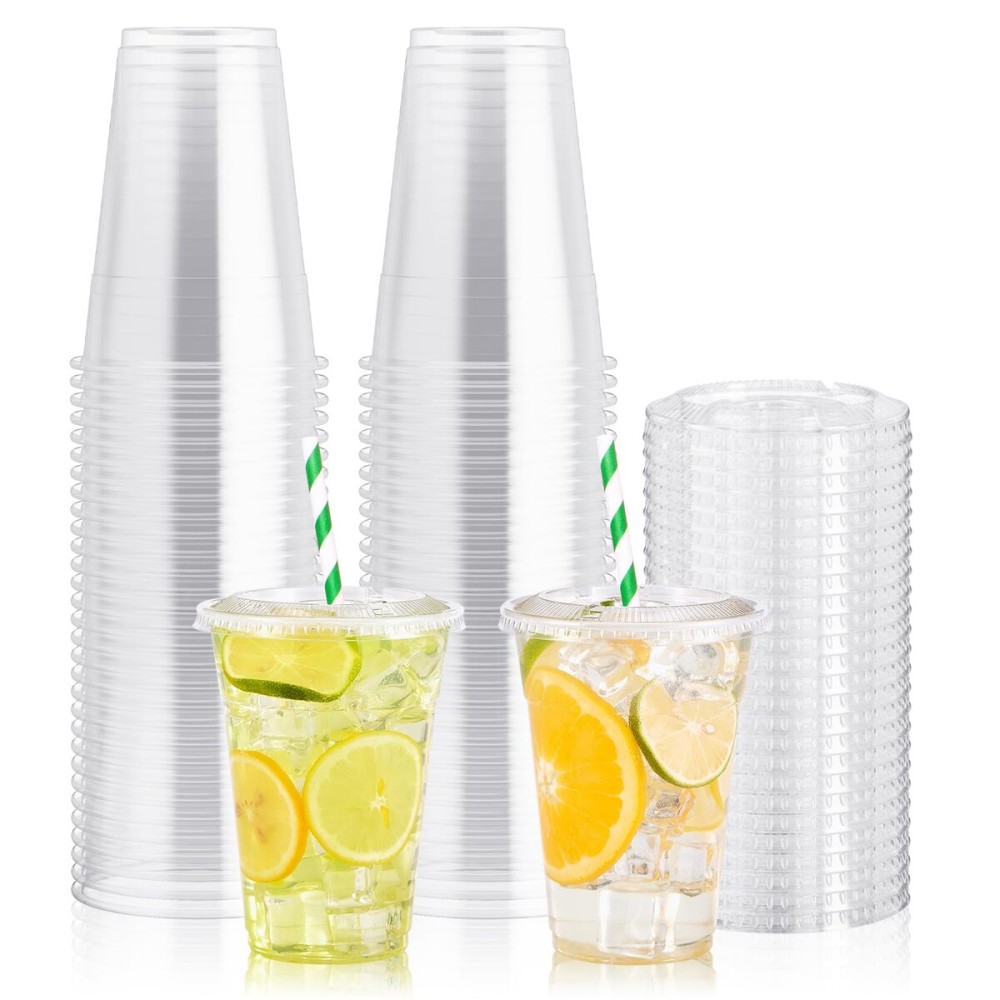 JOLLY PARTY 100Pack 16 oz Clear Plastic Cups With Flat Lids, Disposable Clear Cups with Straw Slot Lids, Crystal Clear Disposable Drinking Cup for Juice Ice Cream Milkshake Iced Coffee Cold Drink