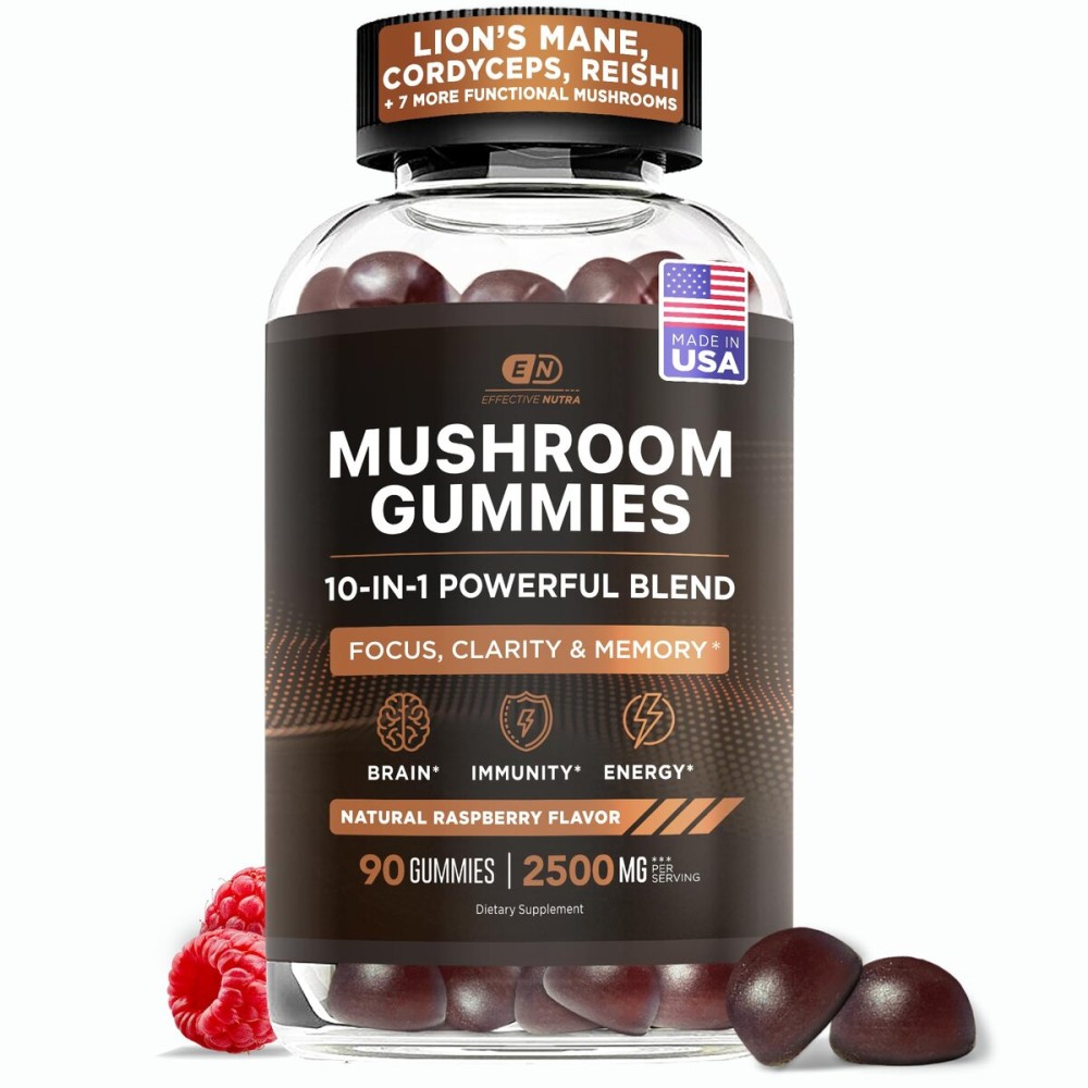 Effective Nutra Mushroom Gummies 2500mg - 10in1 Lions Mane, Reishi, Chaga, Cordyceps & More - Focus, Clarity, Memory, Immunity, Energy - Natural Raspberry Flavor, Vegan, Made in USA (90 Count)