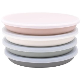 WeeSprout Bamboo Plates with Silicone Lids, Set of 4, Kid-Sized Dinnerware, Cereal, Leftovers & Snacks, Dishwasher Safe Melamine Dishware (Pink, Green, Gray, and Beige)