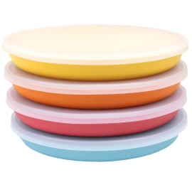 WeeSprout Bamboo Plates with Silicone Lids, Set of 4, Kid-Sized Dinnerware, Cereal, Leftovers & Snacks, Dishwasher Safe Melamine Dishware (Blue, Yellow, Orange, and Red)