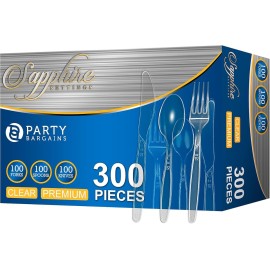 Party Bargains Disposable Cutlery Set Color: Clear Sapphire 300 Pcs: 100 Spoons, 100 Knives, 100 Forks. Heavy Duty & Solid Disposable Silverware Utensils Set for Weddings, Buffets, Luncheons