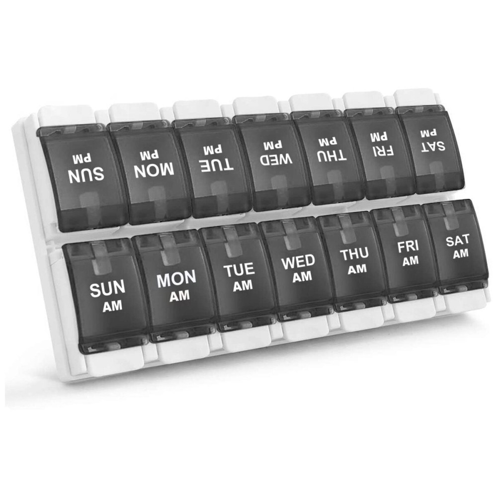Sukuos AM PM Weekly 7 Day Pill Organizer, 2 Times A Day Pill Box with Arthritis Friendly Push Button, Medicine Cases for Vitamin/Fish Oil/Supplements, Easy to Clean (Black)