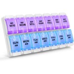 Sukuos AM PM Weekly 7 Day Pill Organizer, 2 Times A Day Pill Box with Arthritis Friendly Push Button, Medicine Cases for Vitamin/Fish Oil/Supplements, Easy to Clean (Purple&Blue)