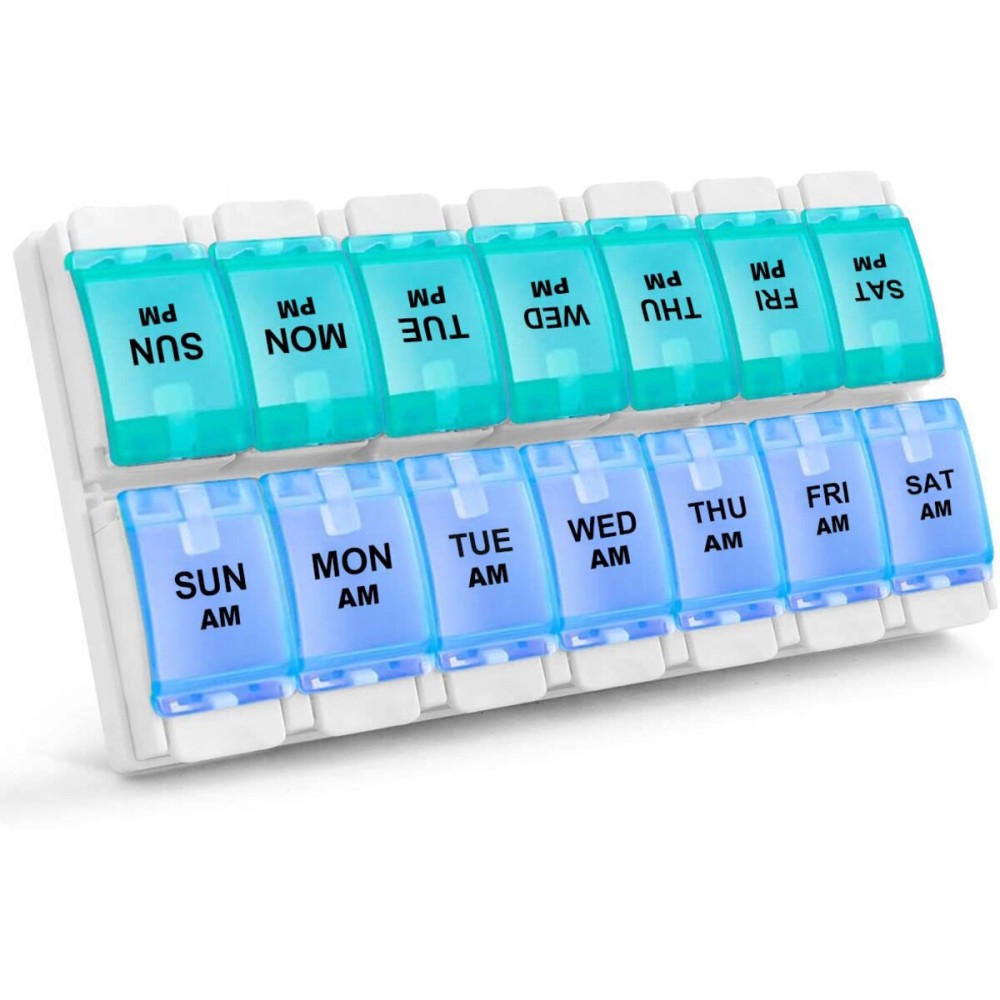 Sukuos AM PM Weekly 7 Day Pill Organizer, 2 Times A Day Pill Box with Arthritis Friendly Push Button, Medicine Cases for Vitamin/Fish Oil/Supplements, Easy to Clean (Cyan&Blue)