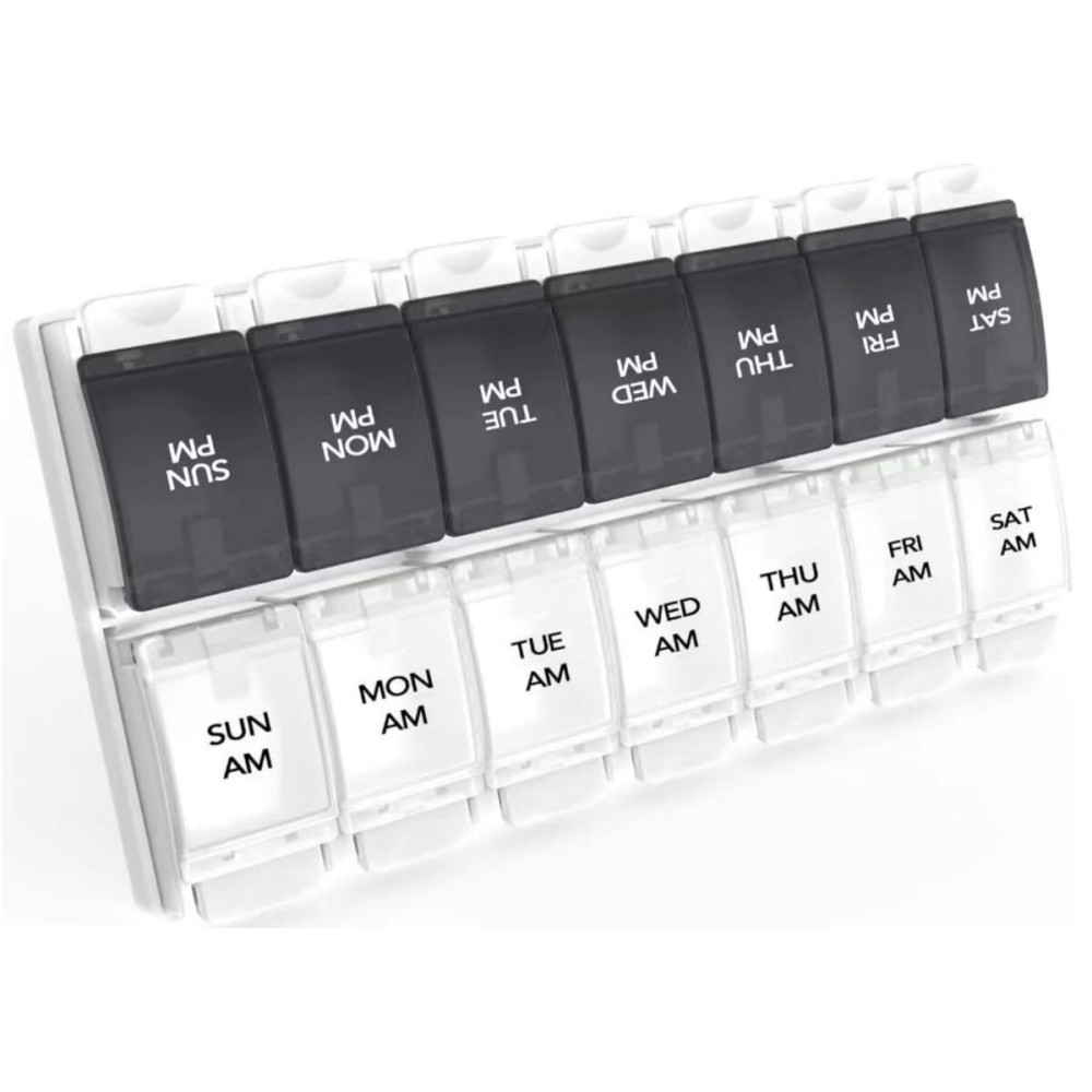 Sukuos AM PM Weekly 7 Day Pill Organizer, 2 Times A Day Pill Box with Arthritis Friendly Push Button, Medicine Cases for Vitamin/Fish Oil/Supplements, Easy to Clean (Black&White)