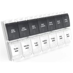 Sukuos AM PM Weekly 7 Day Pill Organizer, 2 Times A Day Pill Box with Arthritis Friendly Push Button, Medicine Cases for Vitamin/Fish Oil/Supplements, Easy to Clean (Black&White)