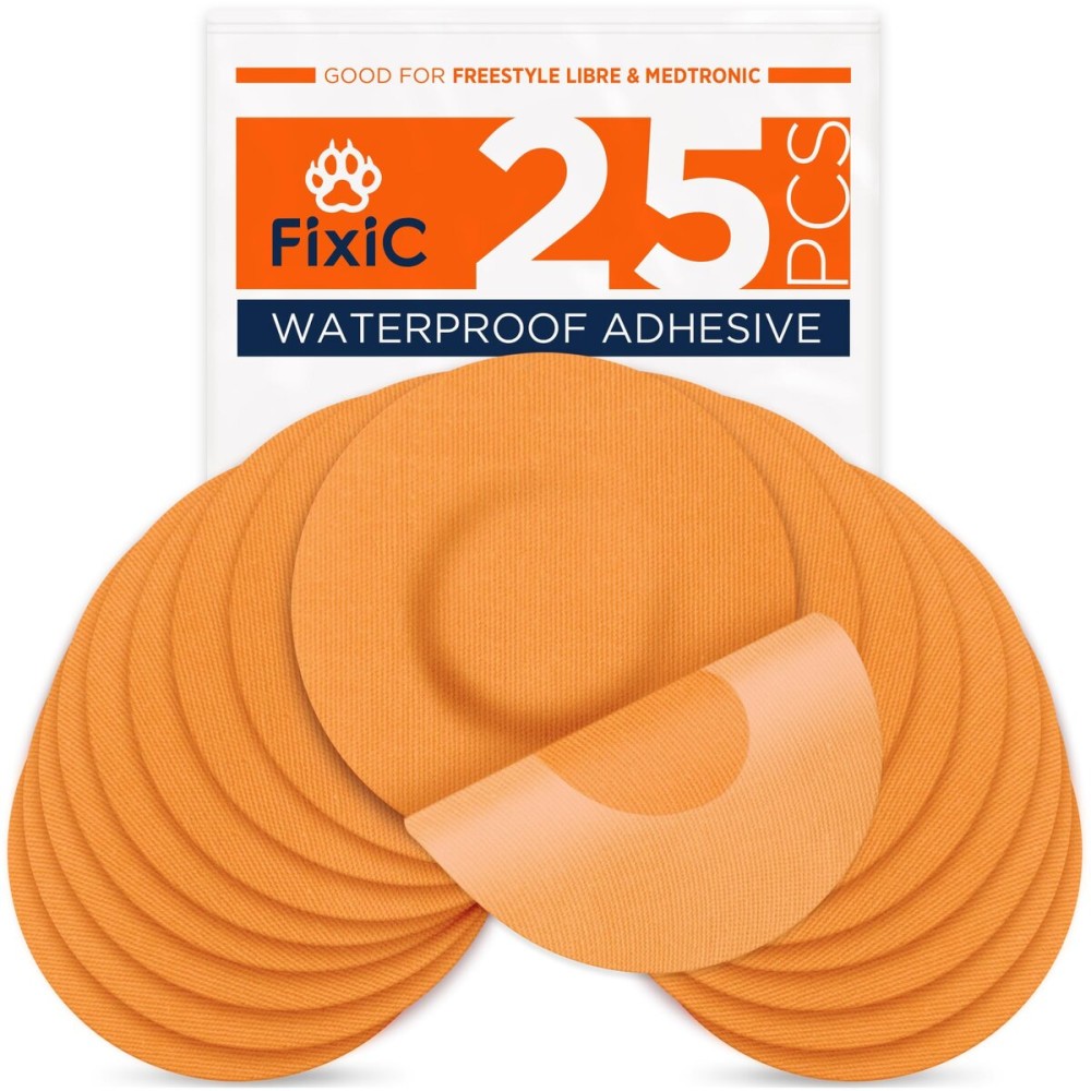Fixic Freestyle Adhesive Patch 25 PCS - Good for Libre 1, 2, 3 & Plus - Enlite - Guardian - NO Glue in The Center of The Patch - Pre-Cut Back Paper - Long Fixation for Your Sensor! (Orange)