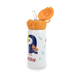 Nuby Thirsty Kids No Spill Flip-It Active Stainless Steel Travel Cup or Water Bottle - 14 Oz - 18+ Months - White Toucan - Back to School Essentials