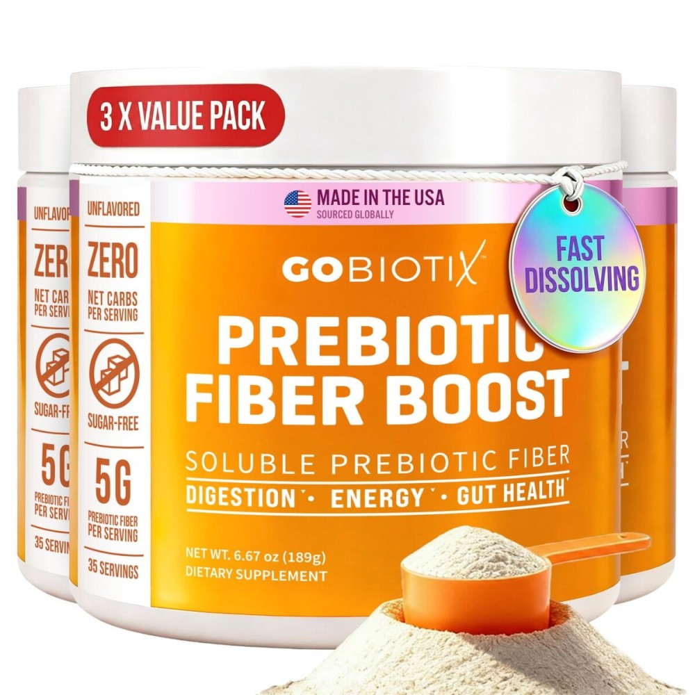 GOBIOTIX Fiber Supplement Powder with Prebiotics for Digestive Health and GLP-1 Support, Soluble Fiber for Gut Health & Debloat, Keto, Vegan, Gluten & Sugar Free, 35 Servings (3 Pack)