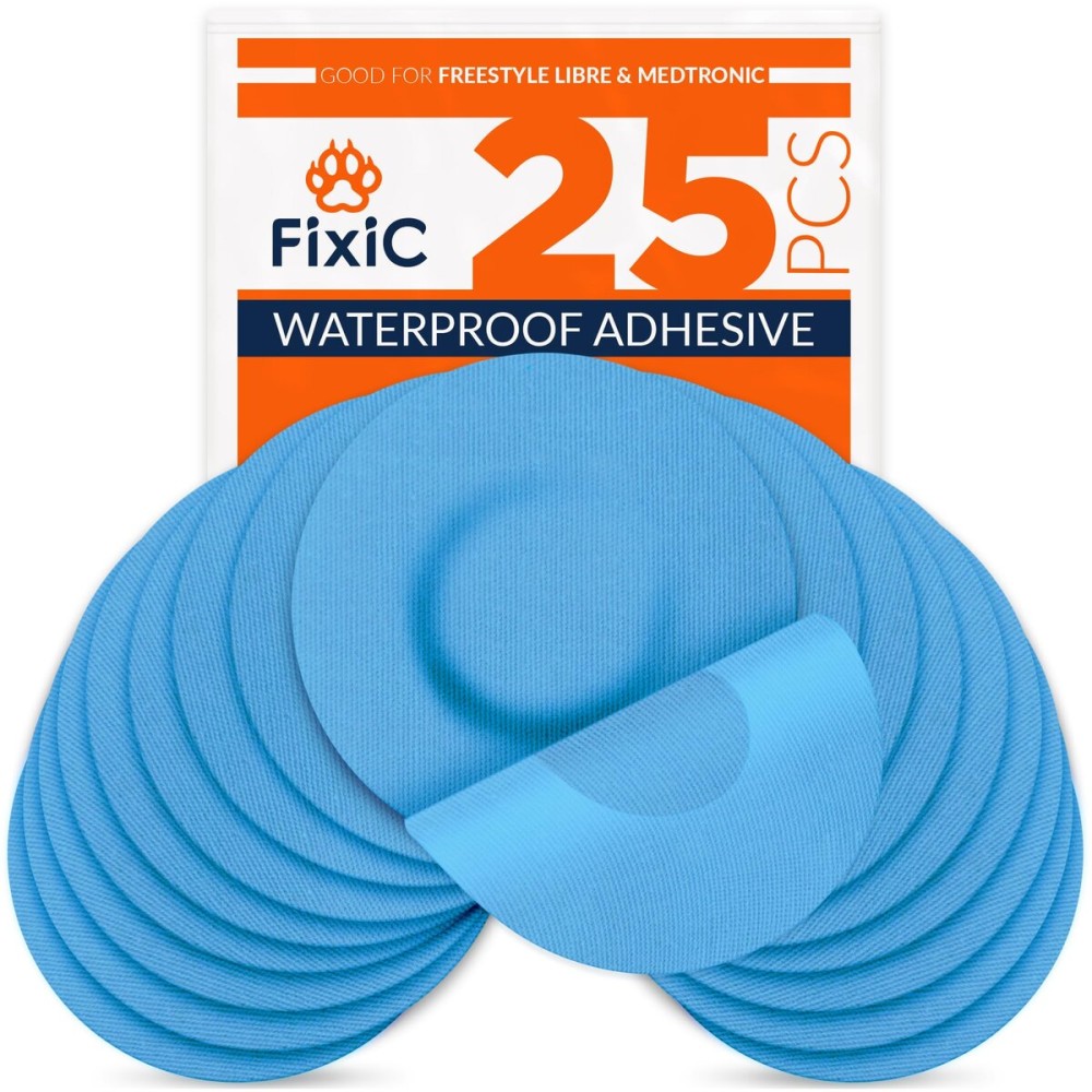 Fixic Freestyle Adhesive Patch 25 PCS - Good for Libre 1, 2, 3 & Plus - Enlite - Guardian - NO Glue in The Center of The Patch - Pre-Cut Back Paper - Long Fixation for Your Sensor! (Light Blue)