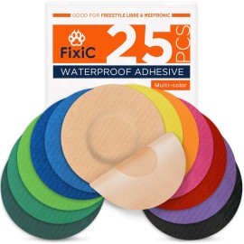 Fixic Freestyle Adhesive Patch 25 PCS - Good for Libre 1, 2, 3 & Plus - Enlite - Guardian - NO Glue in The Center of The Patch - Pre-Cut Back Paper - Long Fixation for Your Sensor! (Multi-Color)
