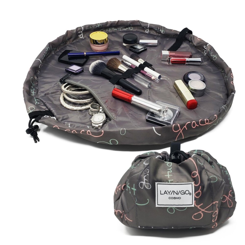 Lay-n-Go Cosmo Drawstring Cosmetic & Makeup Bag Organizer - Portable Drawstring Makeup Bag w/Zipper Pocket & More - Durable, Machine Washable Toiletry Bag for Travel (20, Grit Grace Gratitude)