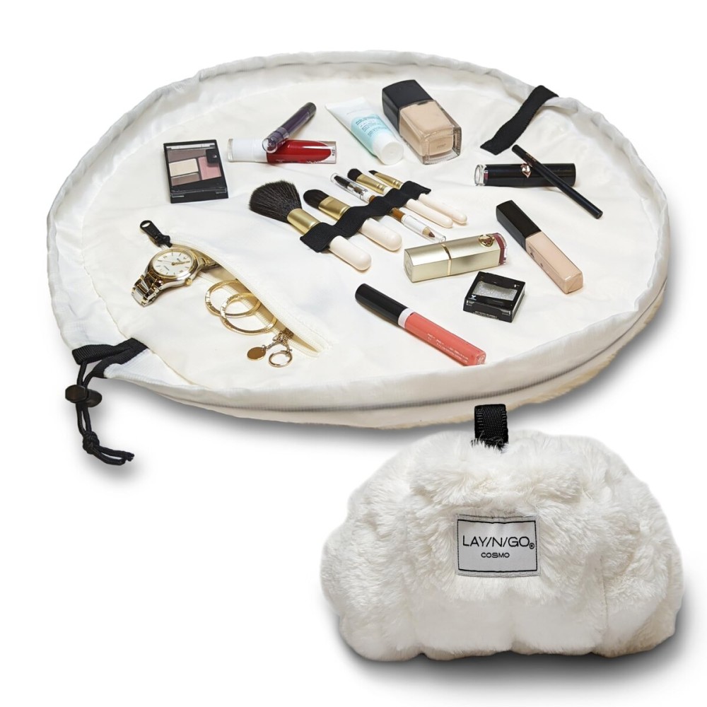 Lay-n-Go Cosmo Drawstring Cosmetic & Makeup Bag Organizer - Portable Drawstring Makeup Bag w/Zipper Pocket, Makeup Loops & More - Durable, Machine Washable Toiletry Bag (20, Comfort/White)