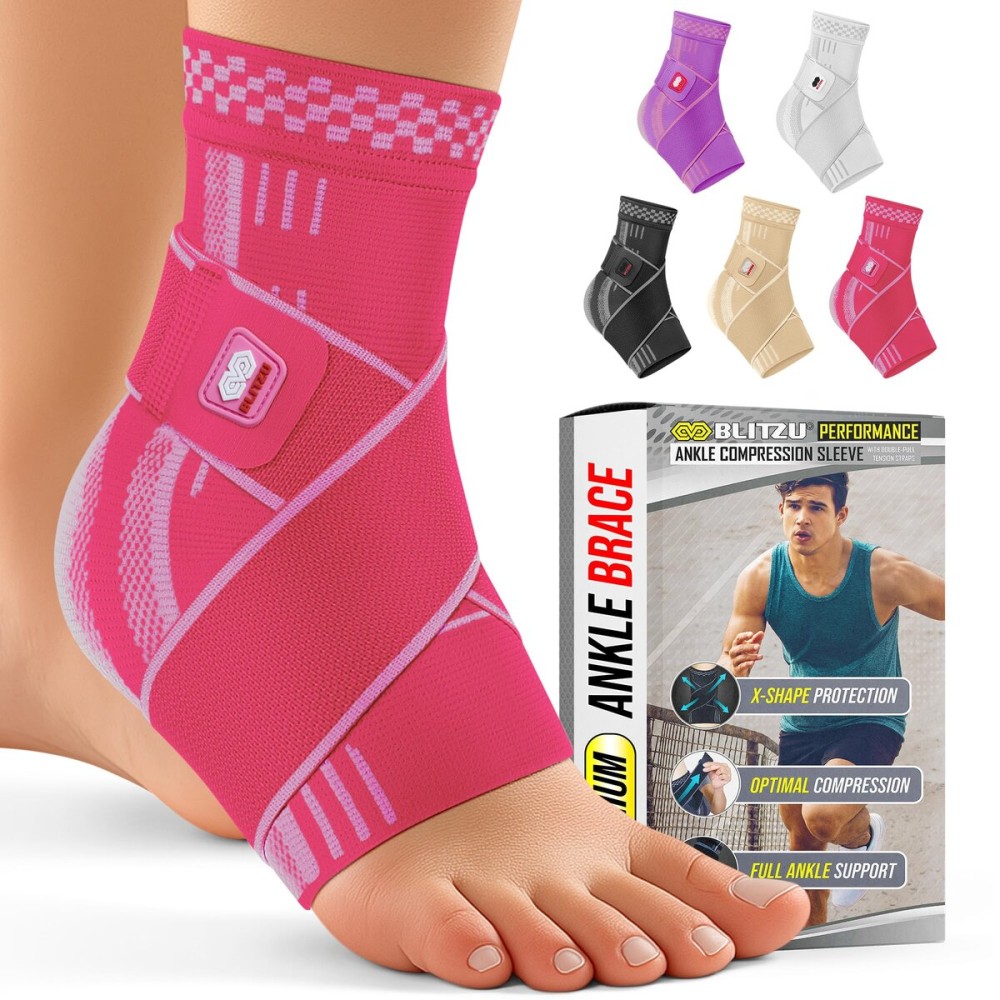 BLITZU Ankle Brace for Women, Men, Plantar Fasciitis Relief, Achilles Tendonitis Brace for Sprained Foot, Ankle Compression Sleeve with Strap Pink L