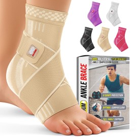 BLITZU Ankle Brace for Women, Men, Plantar Fasciitis Relief, Achilles Tendonitis Brace for Sprained Foot, Ankle Compression Sleeve with Strap Nude L