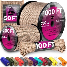 TECEUM Paracord Type IV 750 lb Desert Camo - 50 ft - 4mm - Nylon Strong Tactical MIL-SPEC Parachute Cord - Survival Rope Emergency para Cord 11 Strands Core EDC Camping Hiking Military Gear 280a