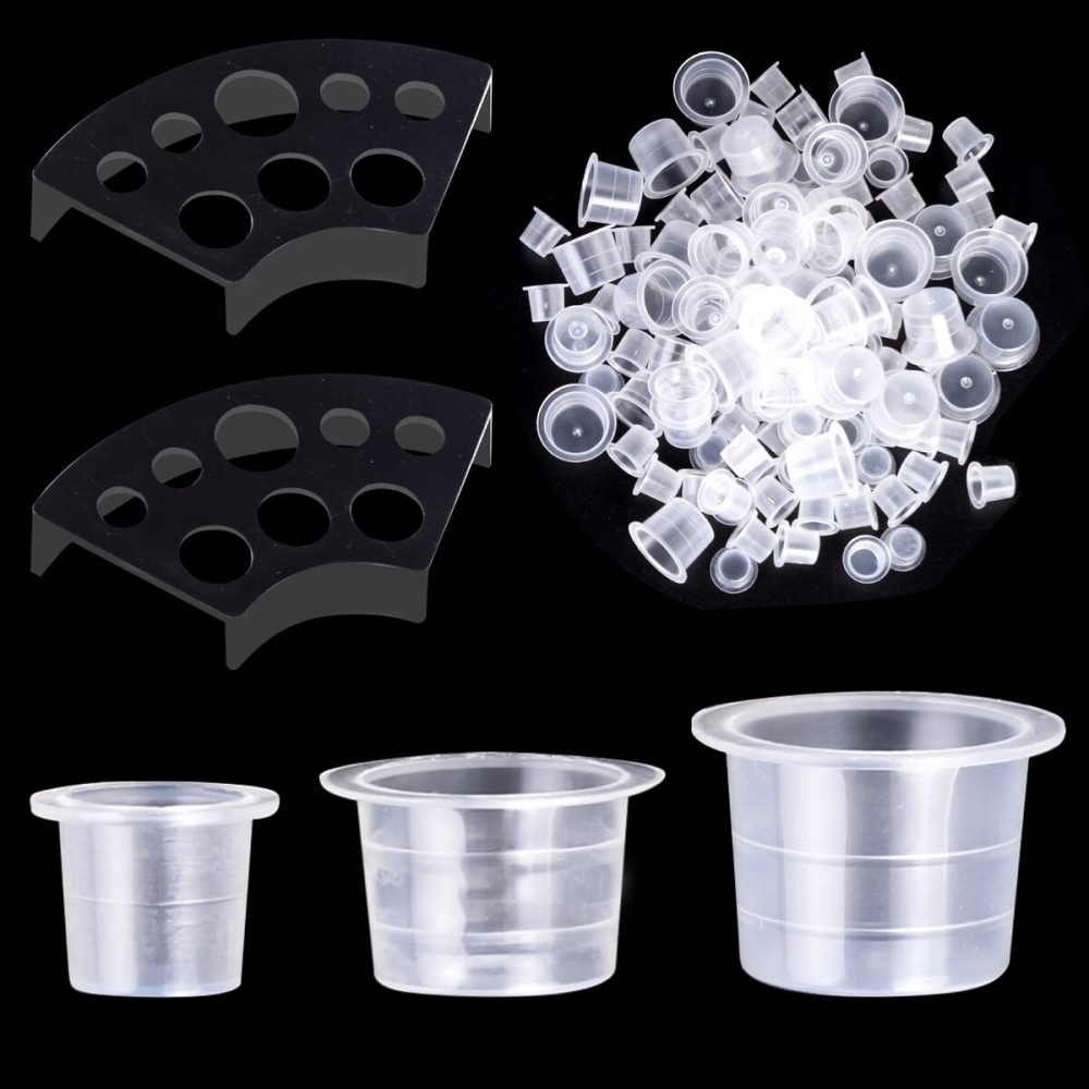 Professional Tattoo Ink Cups Set - 300pcs Mixed Size Ink Caps (SML) with 2 Ink Cup Holders, Spill-Resistant Disposable Tattoo Supplies for Artists