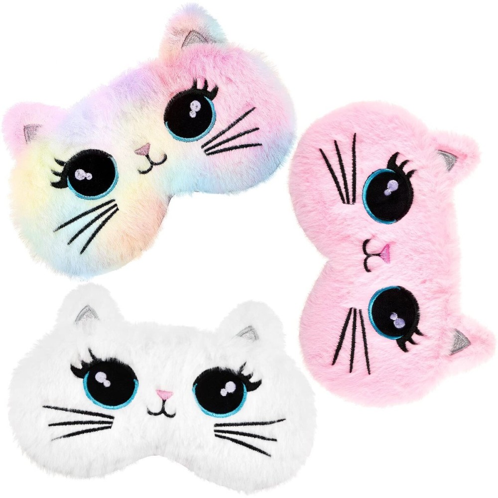 3 Pieces Sleep Mask for Kids, Girls Plush Sleeping Eye Cover Soft Eye Blindfold Cover Animal Shade for Kids(Colorful,Cat Style)