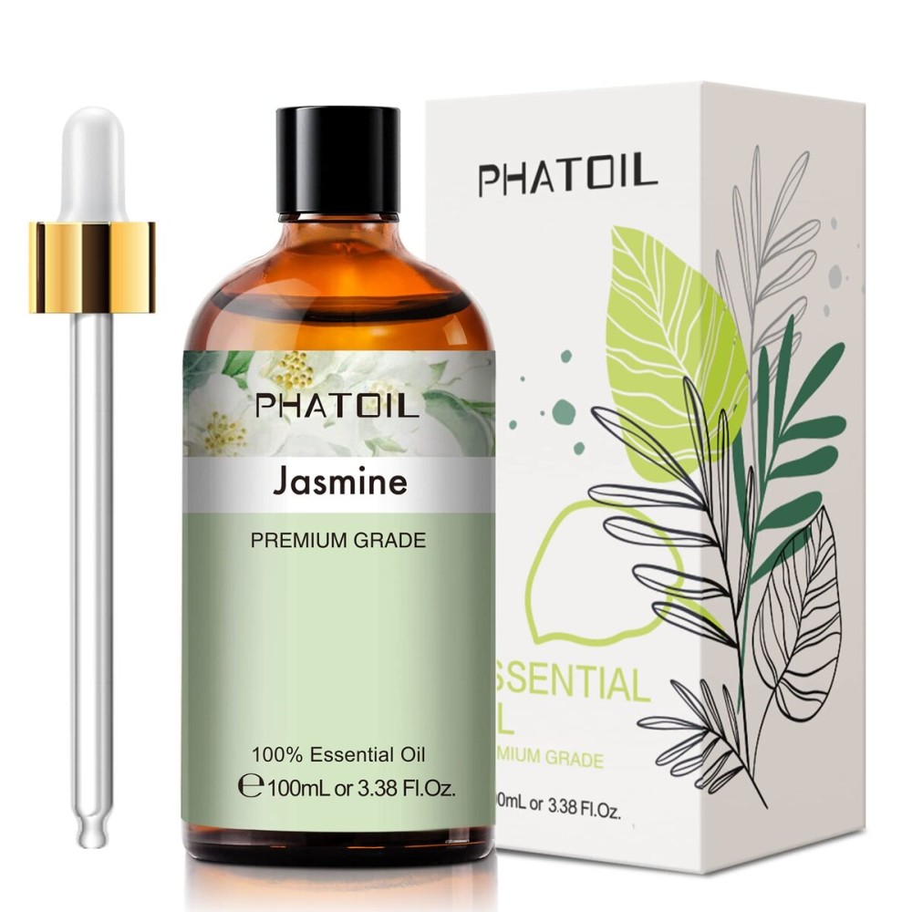 PHATOIL 3.38FL.OZ Jasmine Essential Oil with Glass Dropper, for Aromatherapy Diffusers, Humidifiers, Great for DIY Candle and Soap Making, Huge 100ML Bottle
