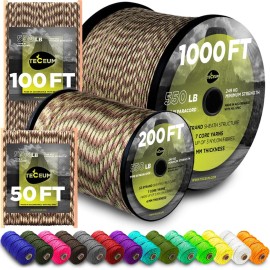 TECEUM Paracord Type III 550 Camo - 100 ft - 4mm - Tactical Rope MIL-SPEC - Outdoor para Cord -Camping Hiking Fishing Gear and Equipment - EDC Parachute Cord - Strong Survival Rope