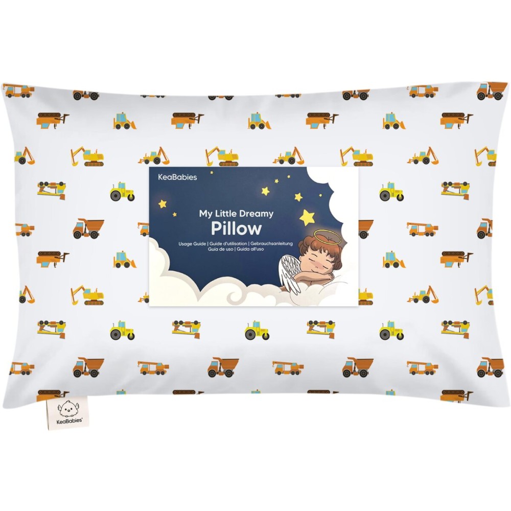 Toddler Pillow with Pillowcase - 13x18 My Little Dreamy Kids Travel Bed Pillows for Sleeping, Organic Cotton Small Pillowcase, Soft & Breathable, Machine Washable, Toddlers 2-5 years old(Construction)